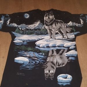 Vtg 95 Liquid Blue 2 sided Timber Wolf All Over XL